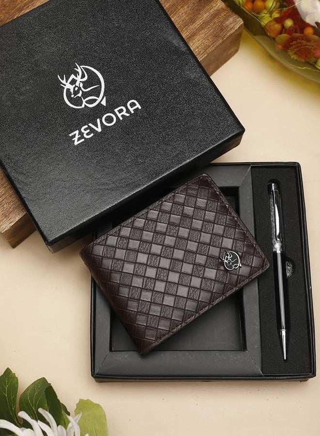 ZEVORA Premium Brown Leather Wallet & Pen Gift Set for Men - Stylish Bi-Fold Wallet with Pen in Luxury Gift Box - Image 2